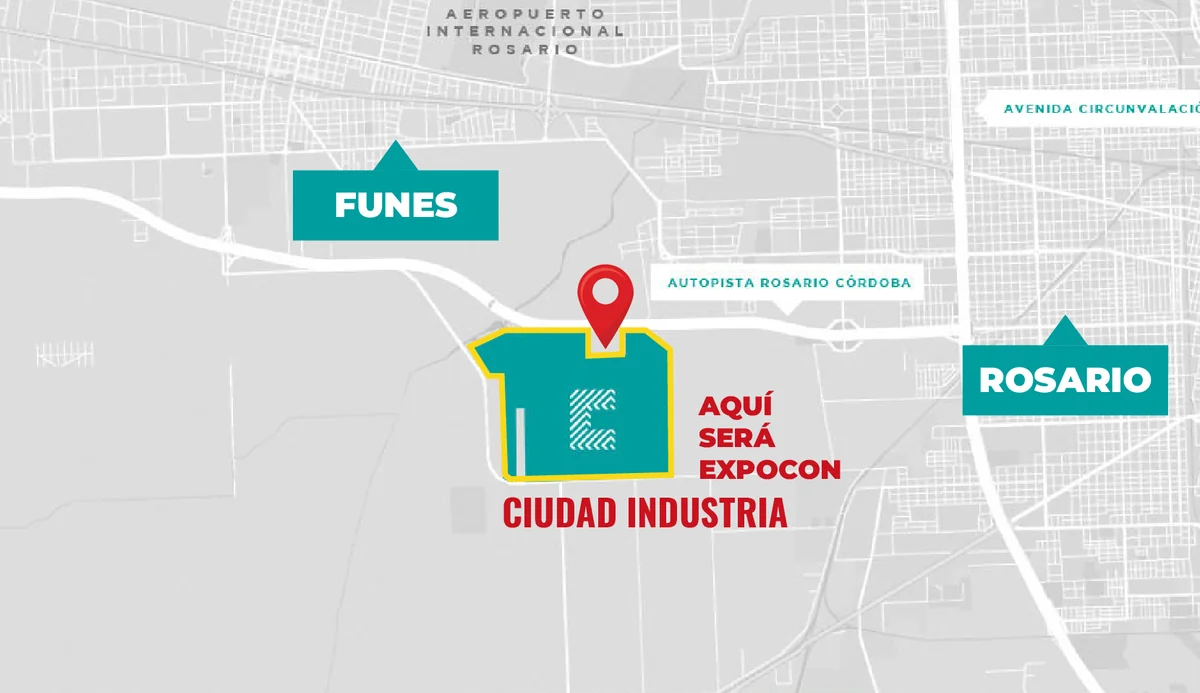 Mapa: Ciudad Industria, sobre la Autopista Rosario–Córdoba, entre Funes y Rosario. Aquí será Expocon.